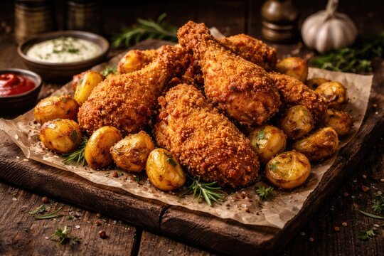 Golden broasted chicken pieces paired with roasted potatoes in a rustic setting