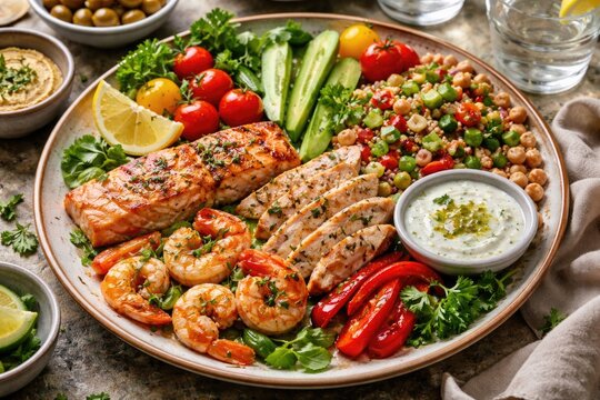 Nutritious Mediterranean diet plate showcasing organic vegetables fish and flexitarian meat