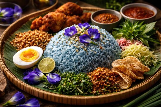 Traditional Malaysian nasi kerabu rice with butterfly pea flower petals