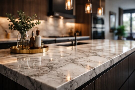 Close up of a stylish kitchen island with polished marble surface and gentle blur behind