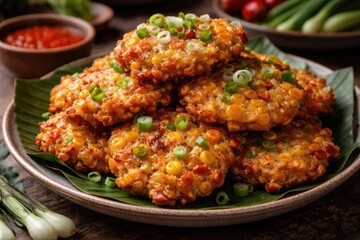 Fototapeta premium Vibrant plate presentation of Bakwan jagung Indonesian corn fritters topped with green onions