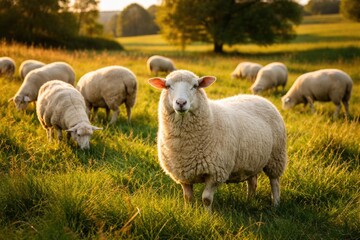Obraz premium joyful purebred sheep grazing in countryside pasture