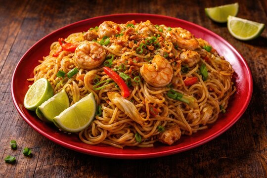 Tasty pancit noodles plated on a scarlet dish with sliced limes arranged on a textured wooden surface
