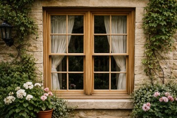 Obraz premium Old fashioned wooden sash window with glazed panes on charming home facade