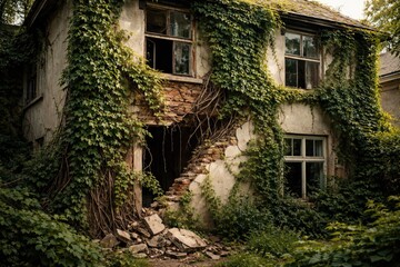 Fototapeta premium Wild ivy growth damaging exterior house walls illustrating natural intrusion and restoration concerns