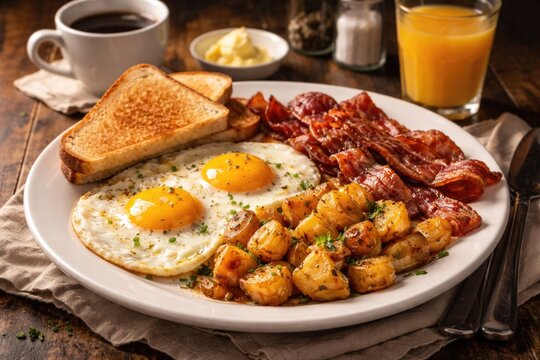 Delicious morning meal with fried eggs bacon toast and golden roasted potatoes