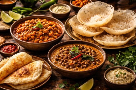 Authentic South Asian cuisine showcasing spicy chickpea masala and kadala curry served alongside rice hoppers and pancakes