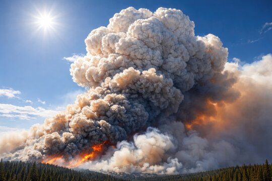 Bright sunny sky showcasing pyrocumulus cloud above wildfire smoke plume