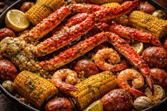 Garlic seasoned crab boil featuring Alaskan crab legs potatoes corn and shrimp