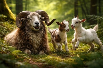 Fototapeta premium Happy ram and two playful goats on vibrant green forest floor