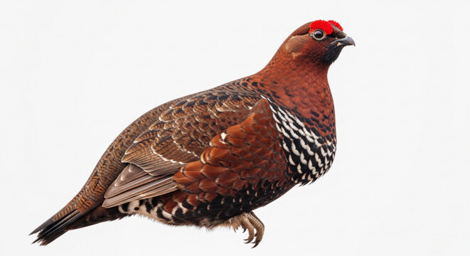Red Grouse with Red Comb Standing Isolated on White Background