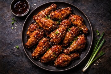 Fototapeta premium Top view of glossy chicken wings coated in sweet soy glaze served on a dish with dark stone underneath