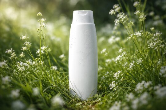 Unbranded white shampoo bottle positioned amidst goosegrass and sticky willy flowers in a meadow