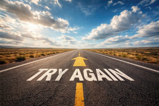 Encouraging message Try Again displayed on deserted paved road with vivid sky