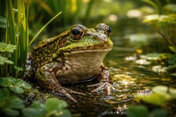 Obraz premium Detailed portrait of an active frog surrounded by vibrant pond greenery