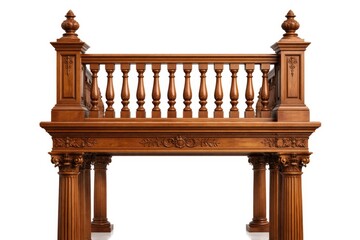 Fototapeta premium Detailed wooden balcony railing and columns showcasing classic design on white background