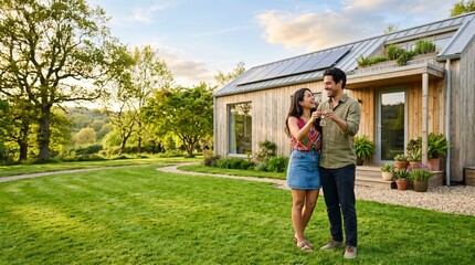 Fototapeta premium Happy young couple holding keys in front of their new sustainable modern wooden home with solar panels