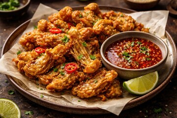 Fototapeta premium Tasty vegan appetizer of golden fried oyster mushrooms with a chili dipping sauce