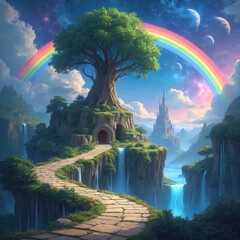 Naklejka premium Magical fantasy realm with giant tree on island, waterfalls, rainbow bridge, and distant castle. Stone path leads to cave entrance. Vibrant sky with moons and stars.