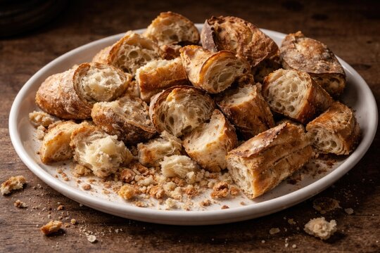 Stale bread arranged on a white platter ready for crumbling
