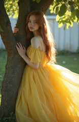 Naklejka premium Young woman in flowing yellow dress leans against tree trunk. Redhead model poses gracefully amidst foliage. Soft sunlight illuminates face, creating dreamy atmosphere. Elegant gown complements