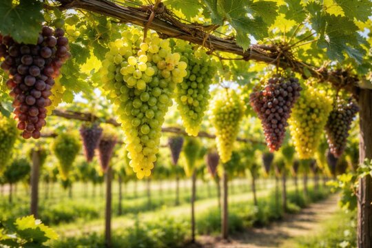 Vibrant grape clusters suspended from orderly vineyard trellis system under bright daylight