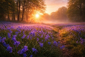 Obraz premium Sunrise scene featuring blooming bluebells in a fresh spring landscape