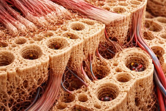 Detailed microscopic analysis of human compact bone tissue highlighting muscle attachment and connective tissue for education