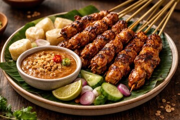 Fototapeta premium Full plate of grilled chicken satay skewers alongside lontong and savory peanut sauce