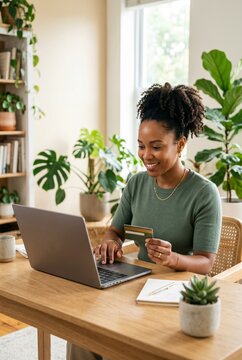 Happy African American woman holding credit card while using laptop for online shopping in a bright home office filled with plants