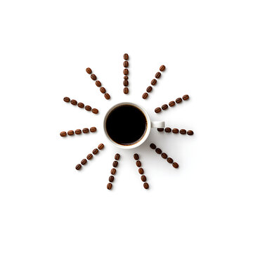 Coffee cup arranged with beans in sunburst pattern on white background. The "sun" from coffee. Energy, morning, cheerfulness  