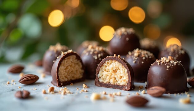 Chocolate marzipan candies filled with almond paste and topped with crushed nuts. Sweet confection arranged on marble surface with soft bokeh lights background. Delicious gourmet dessert.