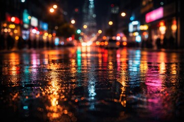 Obraz premium Colorful blurred city lights mirrored on wet asphalt under nocturnal sky