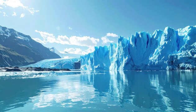 Majestic Perito Moreno Glacier calving into turquoise waters under a bright blue sky.