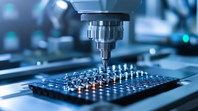 Precision CNC spindle processing intricate metallic components, some glowing from automated manufacturing, showcasing Industry 4.0. Robotics, Fabrication