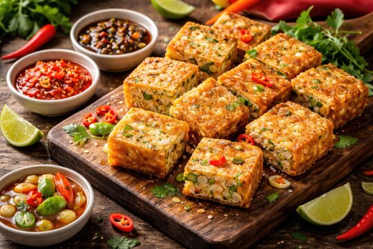 Colorful Indonesian Martabak Tahu served with vibrant sauces and garnishes on a wooden cutting board