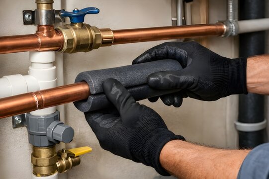 Professional Plumber Installing Pipe Insulation on Residential Water Pipes in Utility Room, Wrapping Foam Insulation Sleeves on Copper and PVC Plumbing Lines for Energy Efficiency Home Maintenance