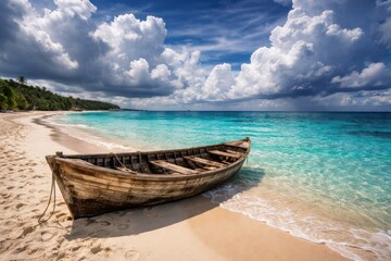 Fototapeta premium Weathered wooden boat sitting on pristine white sand beach beside crystal clear turquoise ocean under dramatic clouds in peaceful coast