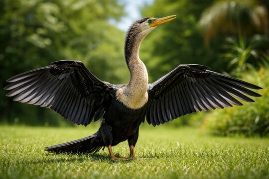 Happy pet anhinga flapping wings on lush green grass lawn full length summer day