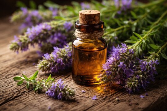 Detailed essential oil bottle with fresh hyssop and lush purple flowers on rustic wooden surface