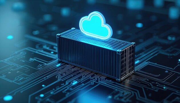 Digital shipping container with neon cloud icon sits on futuristic circuit board. Represents cloud storage data management and tech solutions. Safe data transfer and digital warehouse concept.