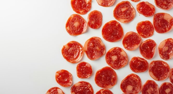 Pepperoni sausage slices spread randomly on a clean white background featuring deep red highlights