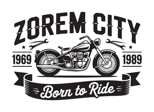 Vintage motorcycle emblem born to ride logo vector graphics 1969 1989 wrenches.