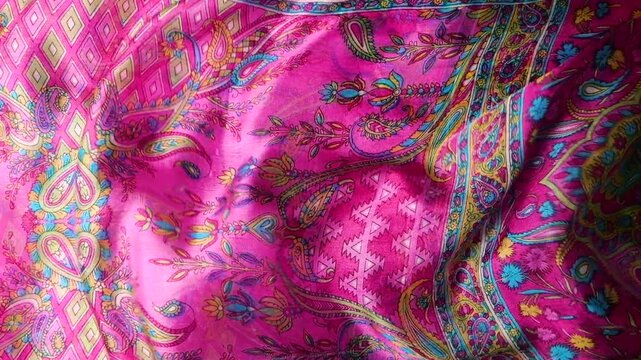 Silk fabric with pink paisley pattern moving in the wind. Abstract waves of luxurious textile creating a flowing background. Soft pink and magenta colors with traditional oriental ornaments.