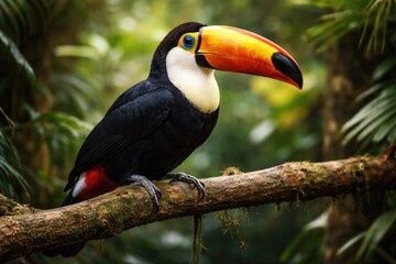 Naklejka premium Tropical toucan bird sitting calmly on a wooden branch