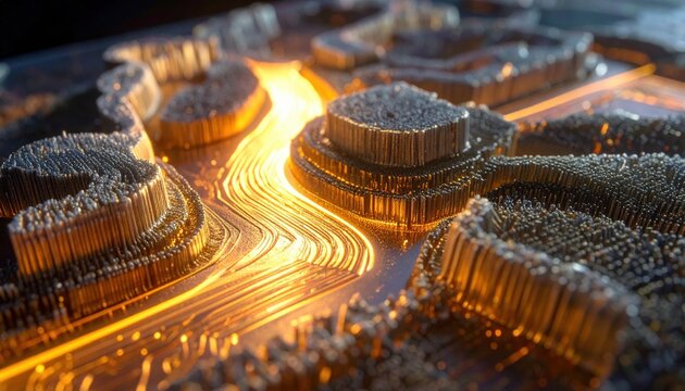 Intricate glowing microscopic pathways of a superconducting circuit rendering complex technology