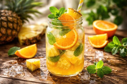 Refreshing lemonade with fresh pineapple orange slices and mint leaves