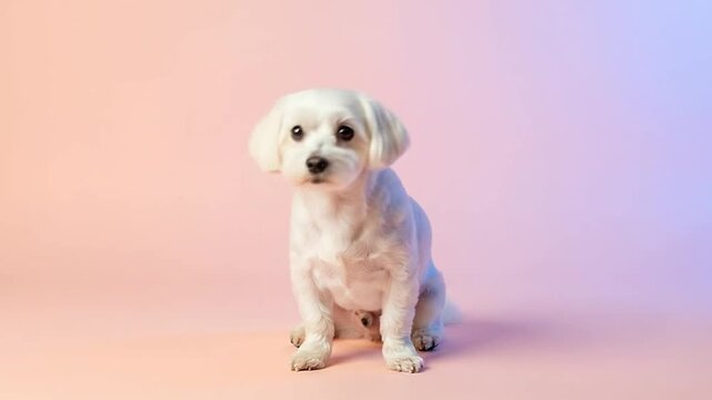 Cute white dog sitting on pastel background.