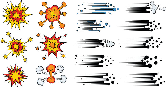 Comic Explosion and Speed Motion Effects Set with Fire Blasts and Dynamic Trails