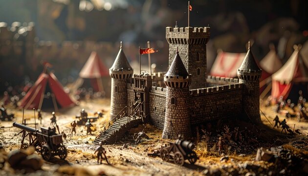 Intricate miniature medieval castle under siege with tiny soldiers and siege engines